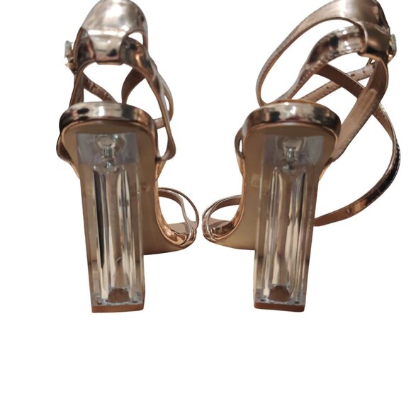 Report 8.5 Rose Gold Strappy Lucite Block Heel Sandals Y2K Club Kid Party Shoe - Picture 2 of 11